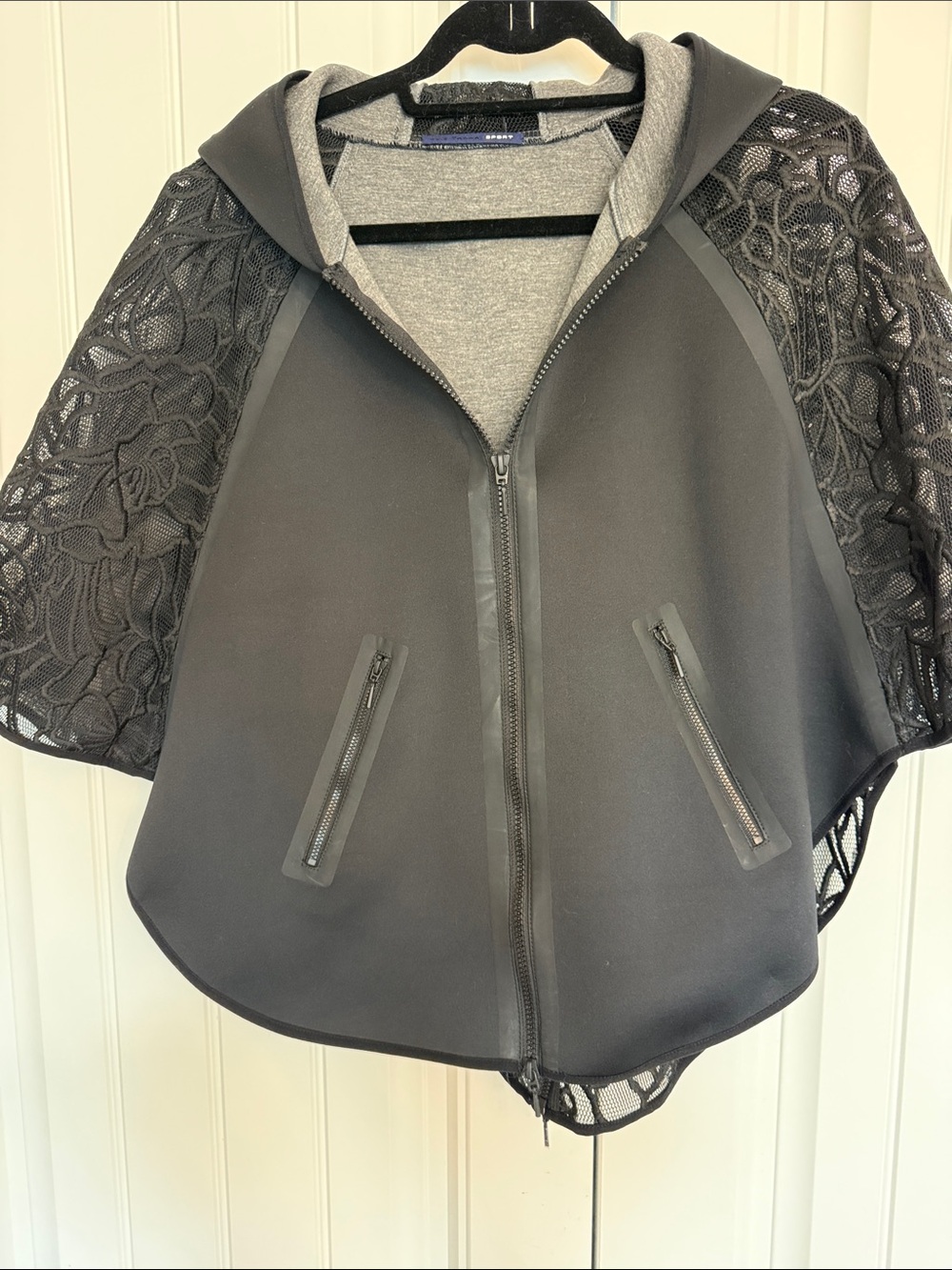 Elie Tahari Black Hooded Zip Poncho with Lace Sleeves